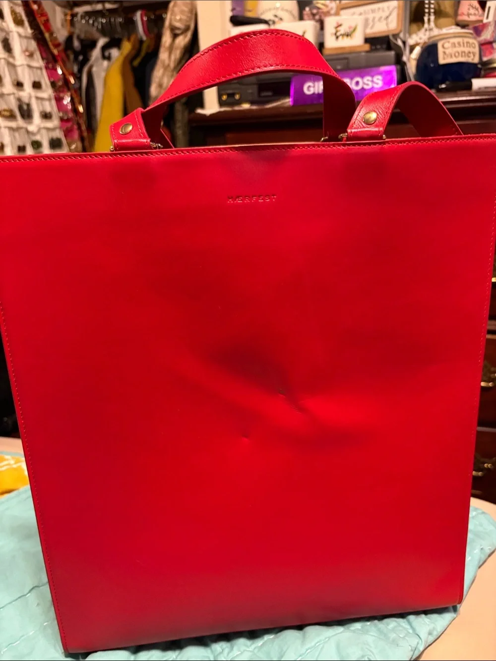 Minimal Smooth Red Leather Tote with Top Handles
